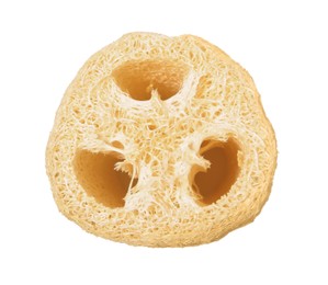 New loofah sponge isolated on white, top view. Personal hygiene