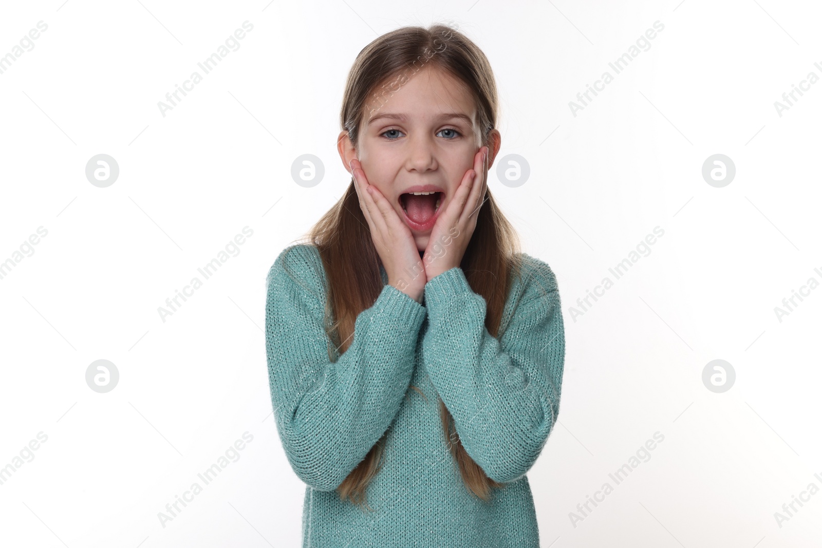 Photo of Portrait of surprised girl on white background