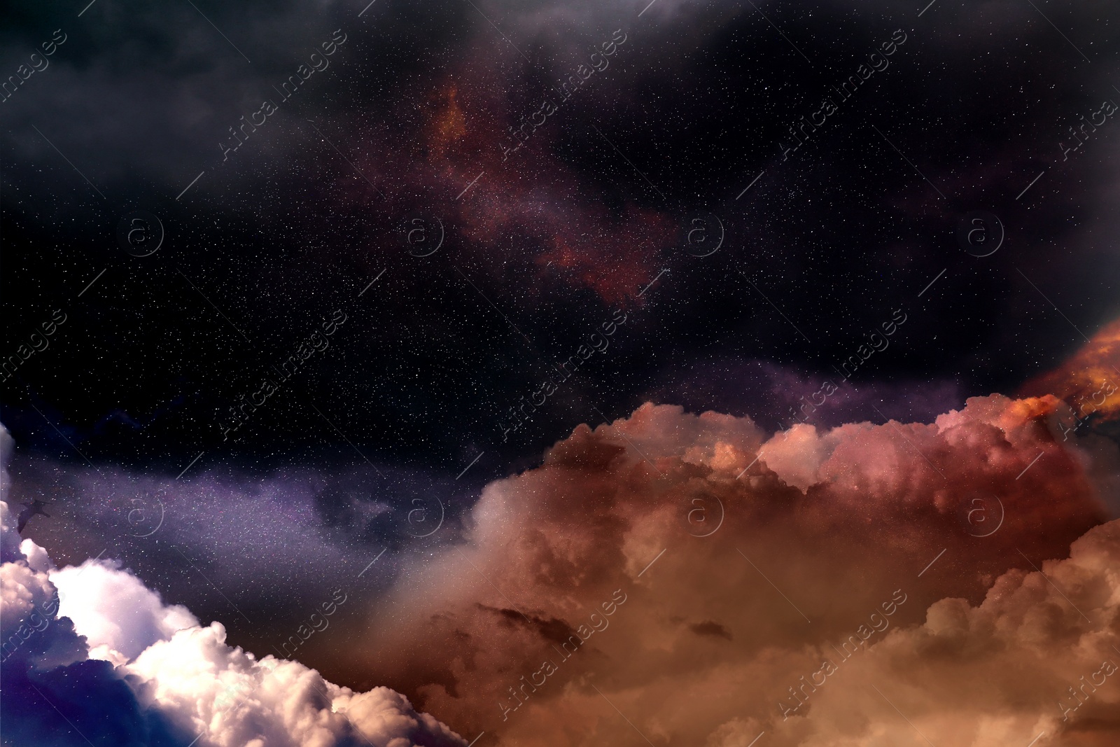 Image of Beautiful view of night sky with clouds and stars