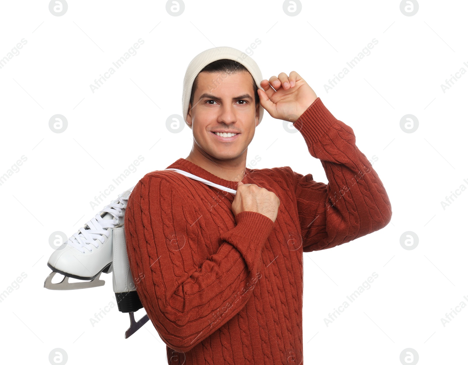 Photo of Happy man with ice skates on white background