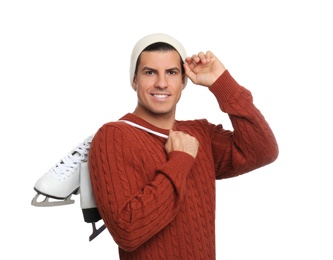 Happy man with ice skates on white background