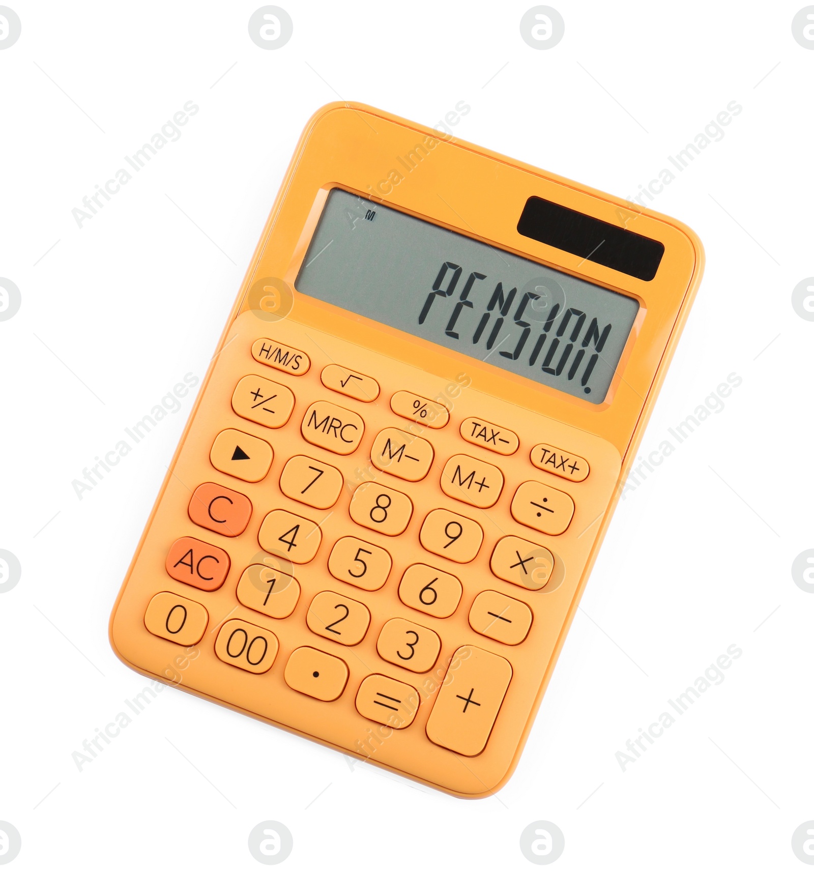 Photo of Orange calculator isolated on white, top view. Office stationery