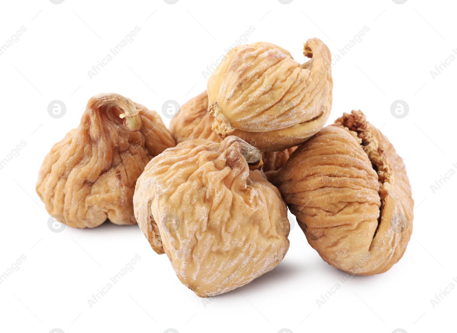 Photo of Many tasty dried figs isolated on white