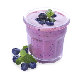 Photo of Glass of blueberry smoothie with fresh berries and mint on white background