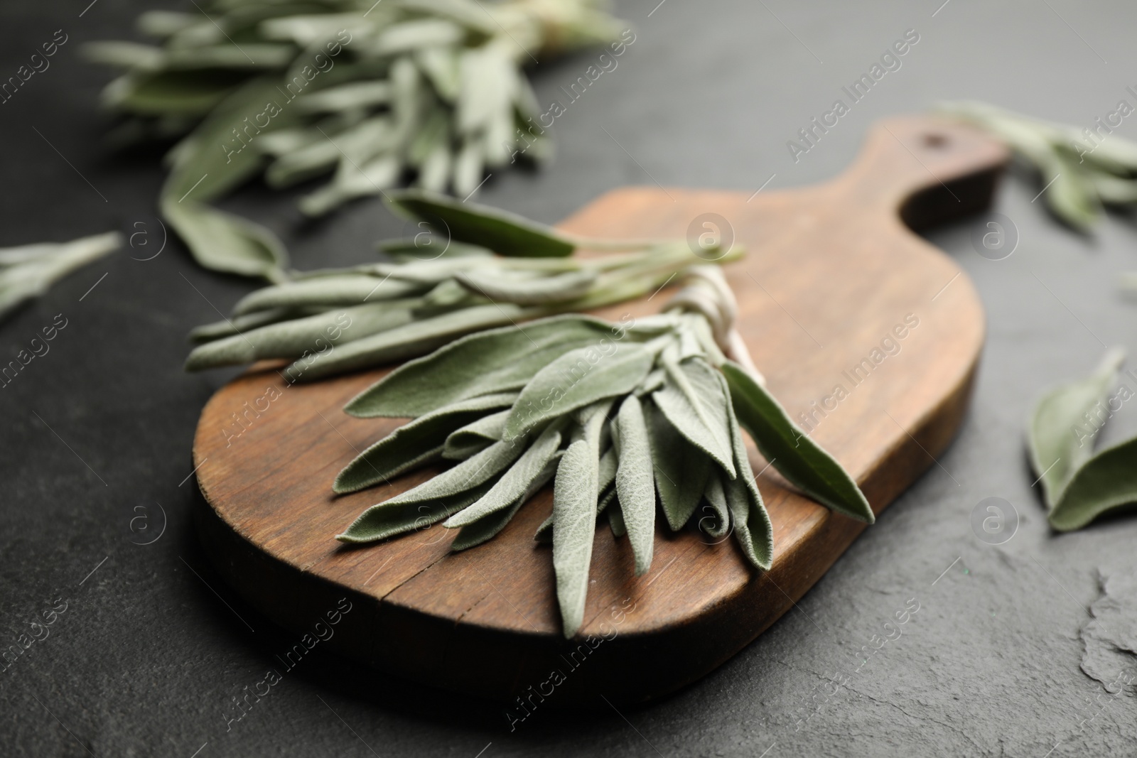 Photo of Wooden board with fresh green sage on black table, closeup