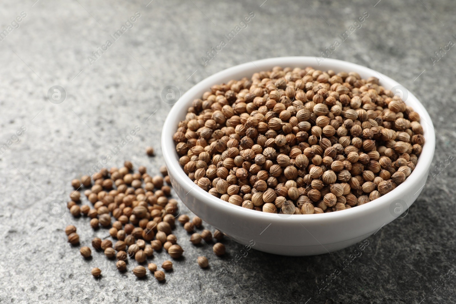 Photo of Dried coriander seeds in bowl on gray textured table, closeup