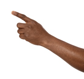 African-American man pointing at something on white background, closeup