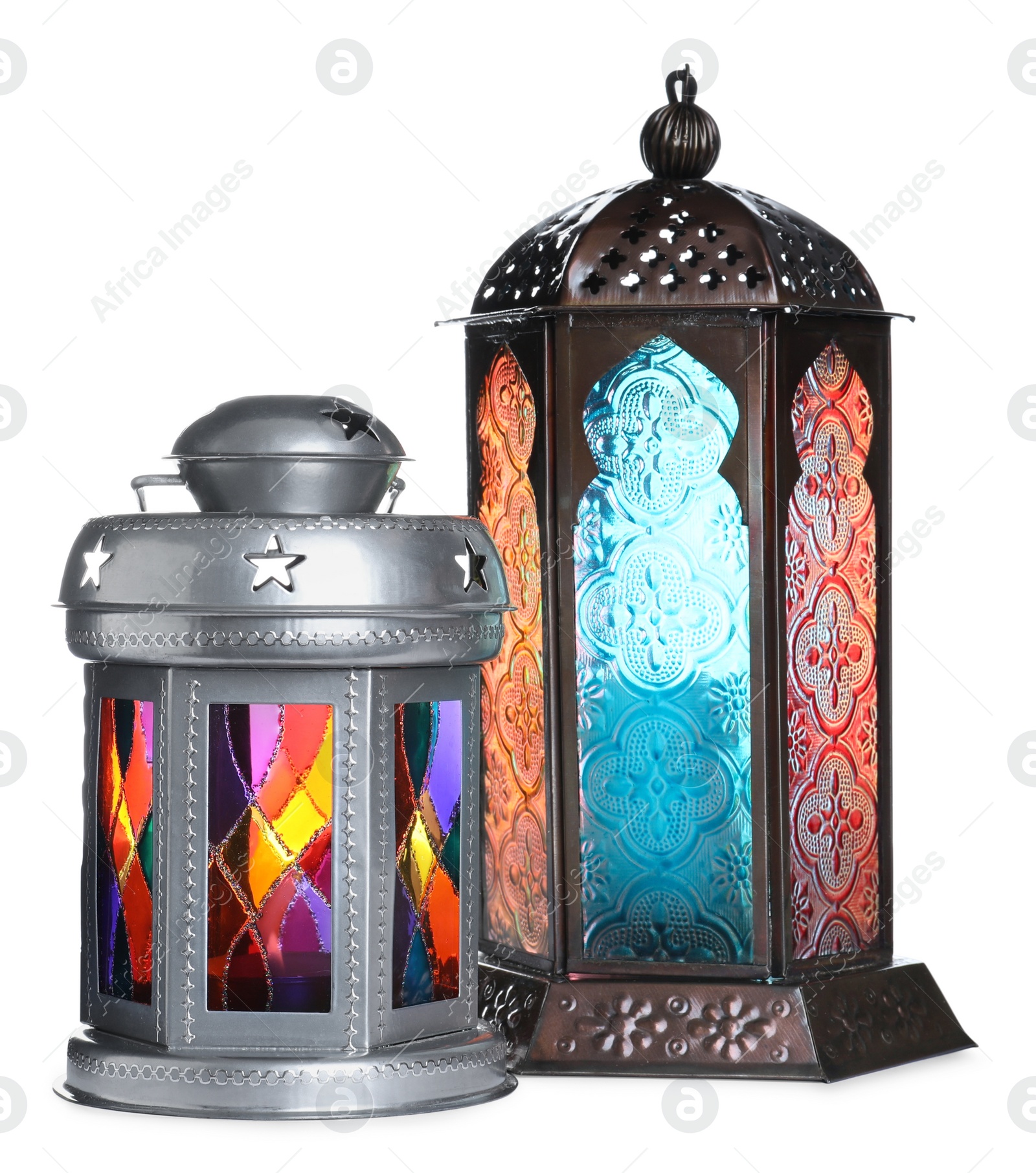 Photo of Different decorative Arabic lanterns on white background