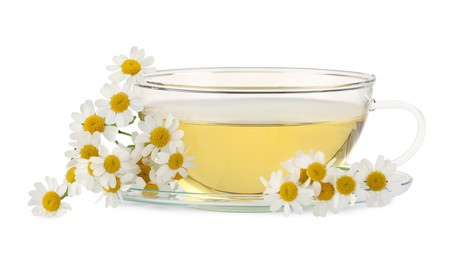 Aromatic herbal tea in glass cup and chamomiles isolated on white