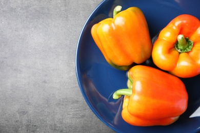 Plate with ripe paprika peppers on grey background, top view