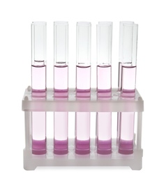 Photo of Test tubes with pink liquid on white background