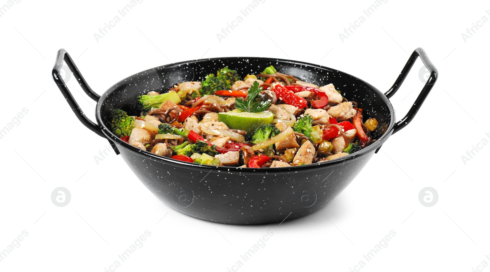 Photo of Stir-fry. Tasty noodles with meat and vegetables in wok isolated on white