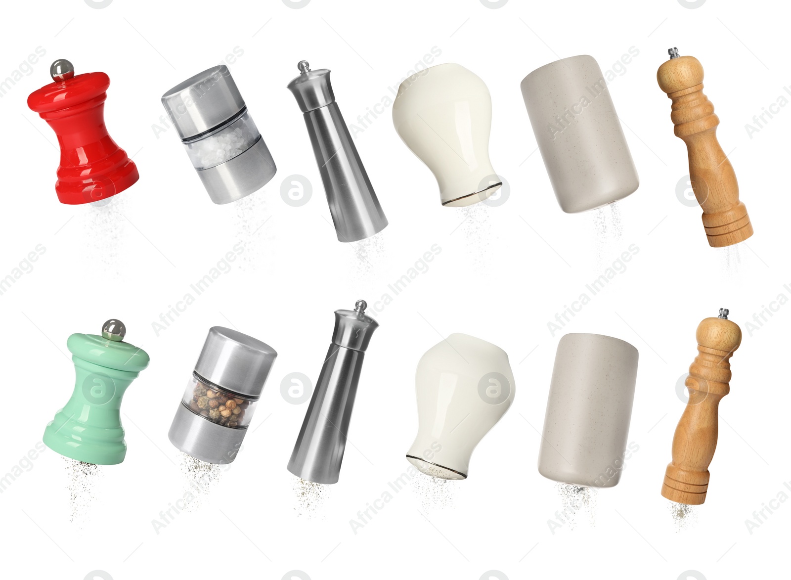 Image of Different pepper and salt shakers on white background, collage