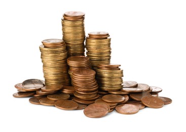 Stacks of different coins on white background