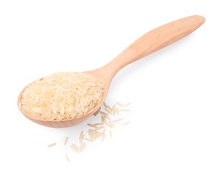 Photo of Wooden spoon with raw rice isolated on white