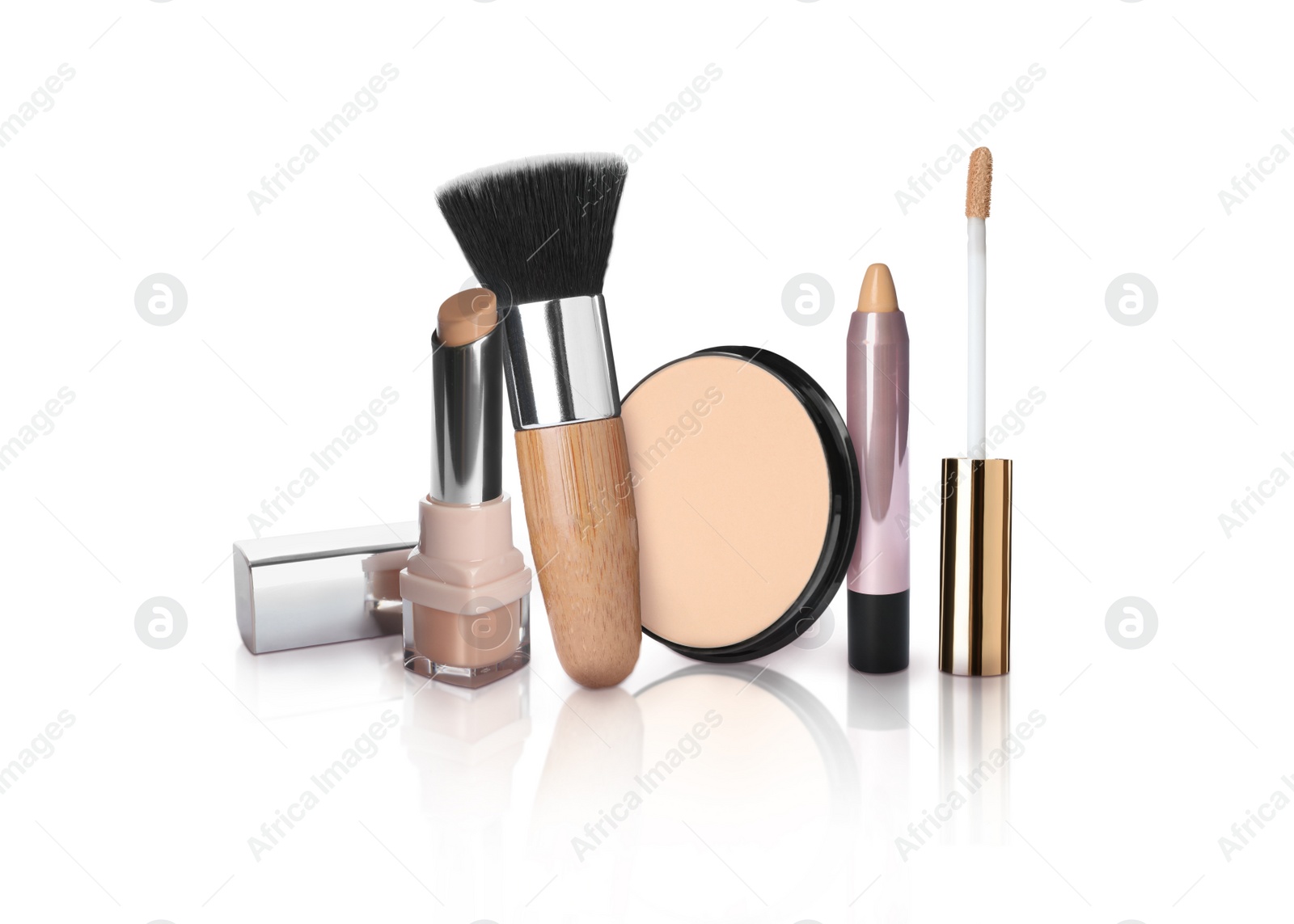 Image of Set with different decorative cosmetics on white background. Luxurious makeup products