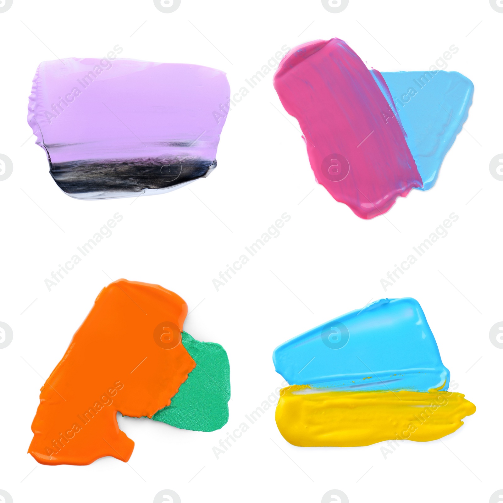 Image of Set with paint samples of different colors isolated on white, top view