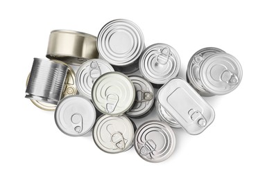 Many tin cans isolated on white, top view
