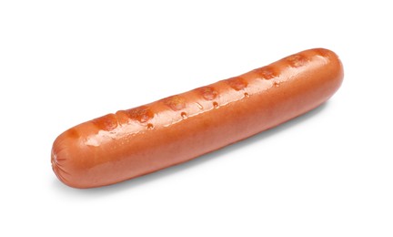 Photo of Tasty grilled sausage on white background. Ingredient for hot dog