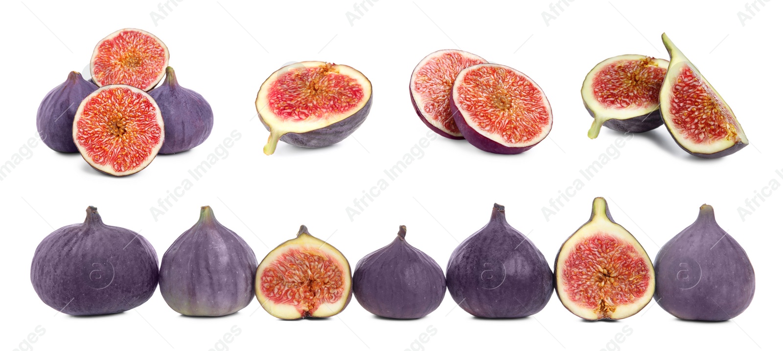 Image of Set with tasty ripe whole and cut figs on white background. Banner design