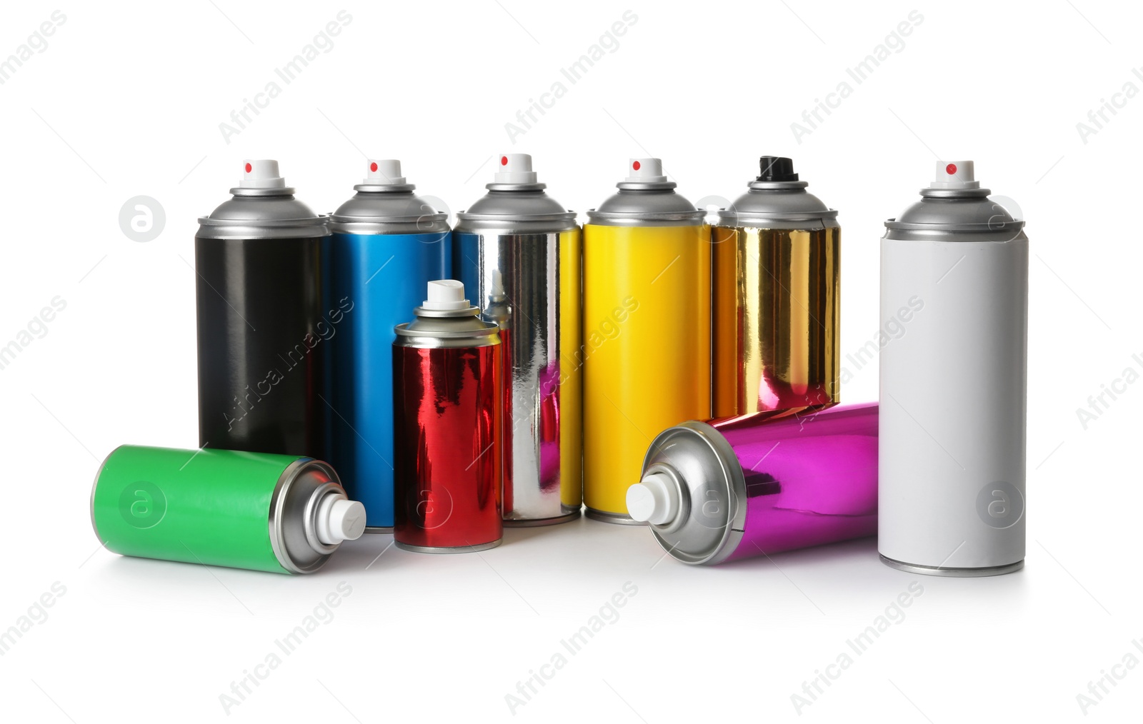 Photo of Cans of different spray paints on white background