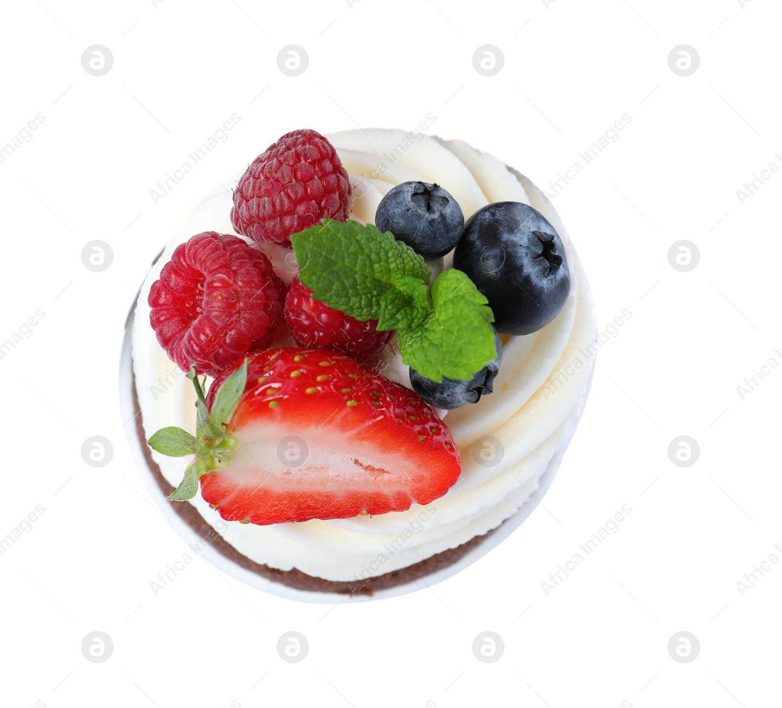 Photo of Sweet cupcake with fresh berries isolated on white, top view
