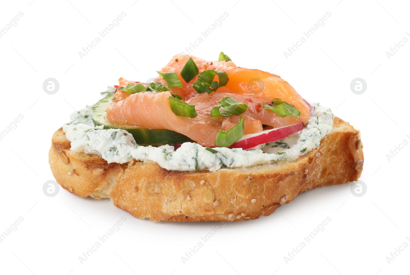 Photo of Tasty canape with salmon, cucumber, radish and cream cheese isolated on white