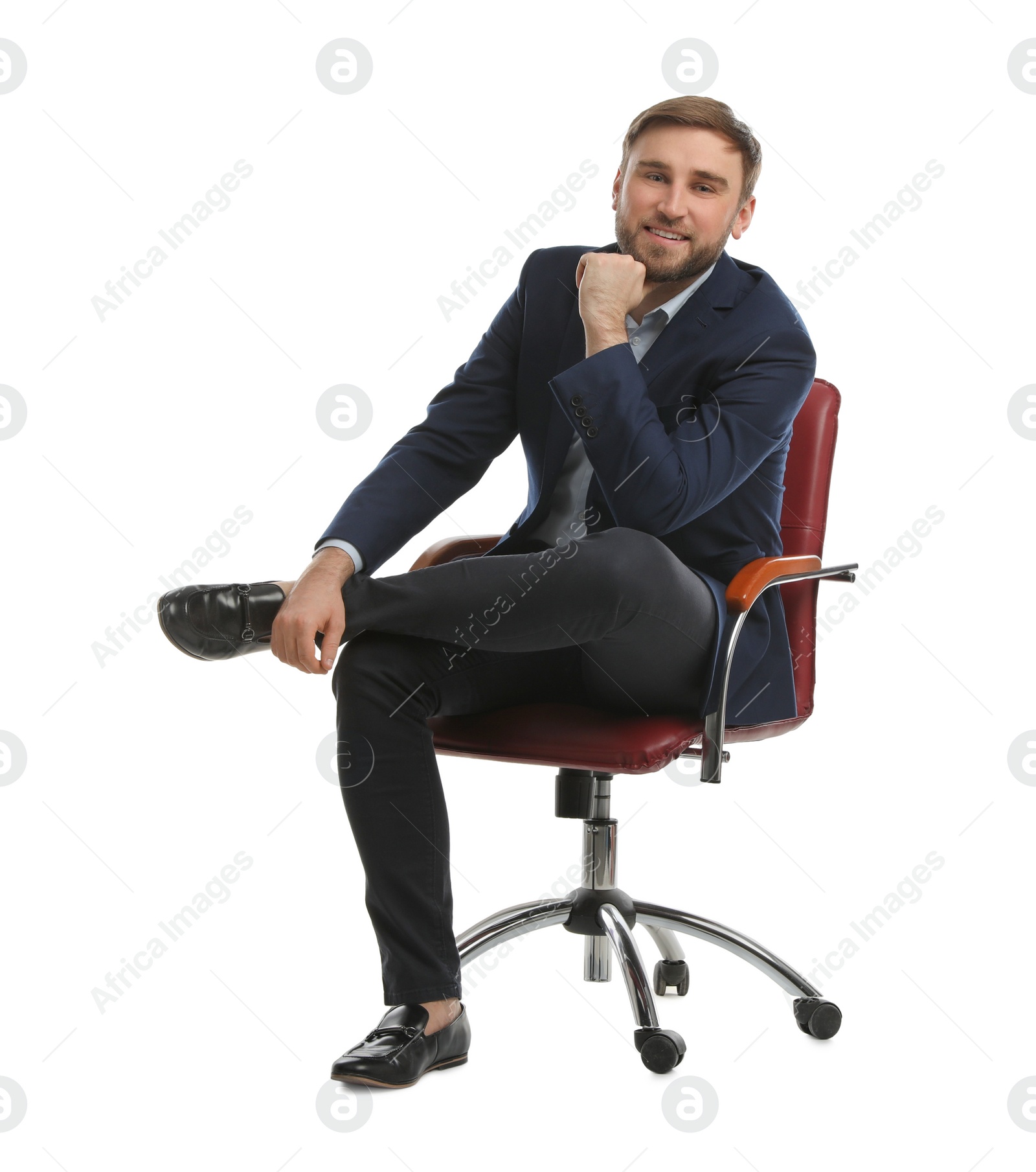 Photo of Young businessman sitting in comfortable office chair on white background