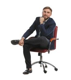 Photo of Young businessman sitting in comfortable office chair on white background