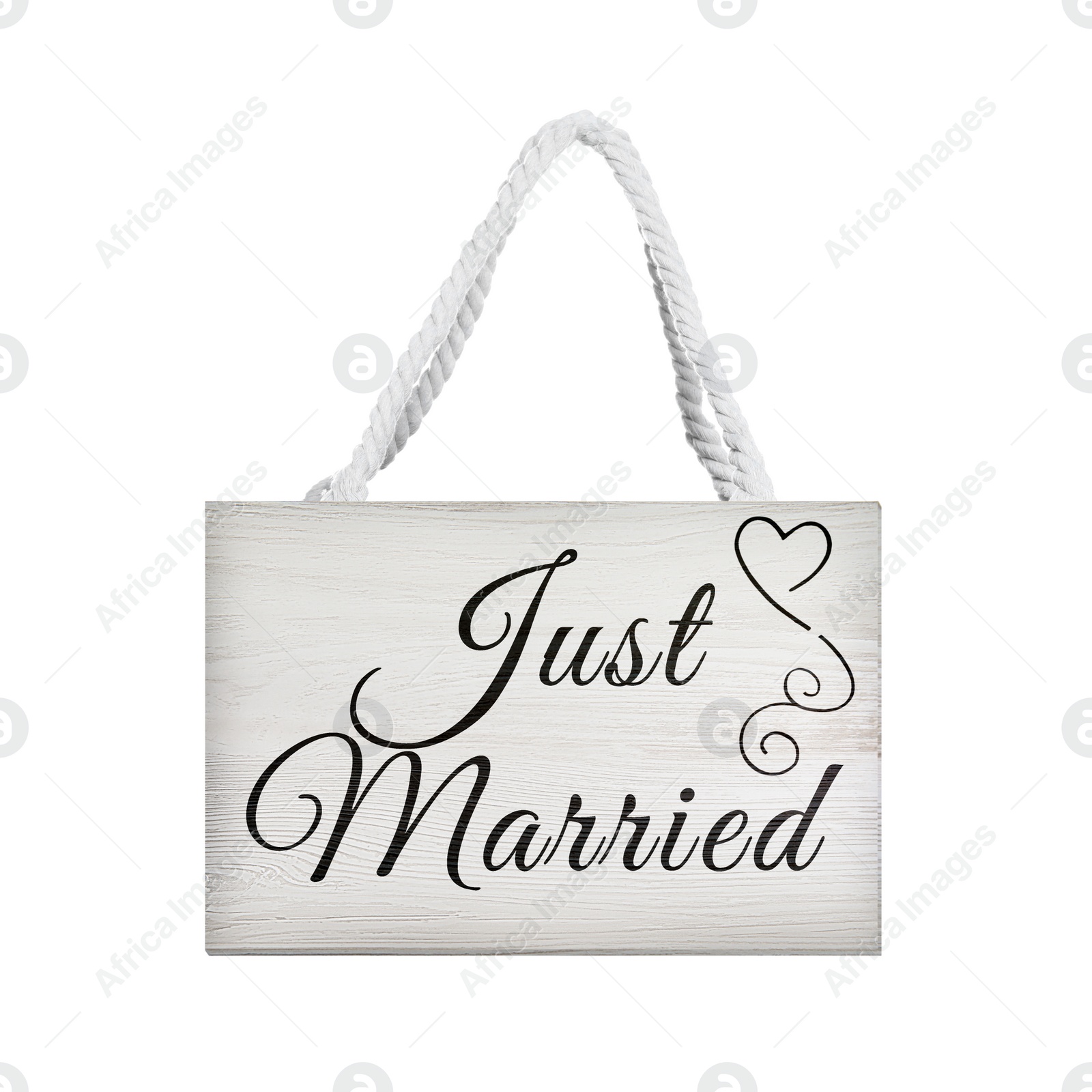 Image of Honeymoon. Wooden board with words Just Married on white background