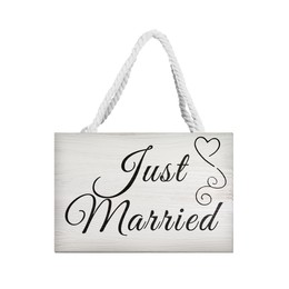 Honeymoon. Wooden board with words Just Married on white background
