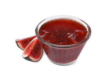 Photo of Glass bowl of tasty sweet jam and cut fresh fig isolated on white