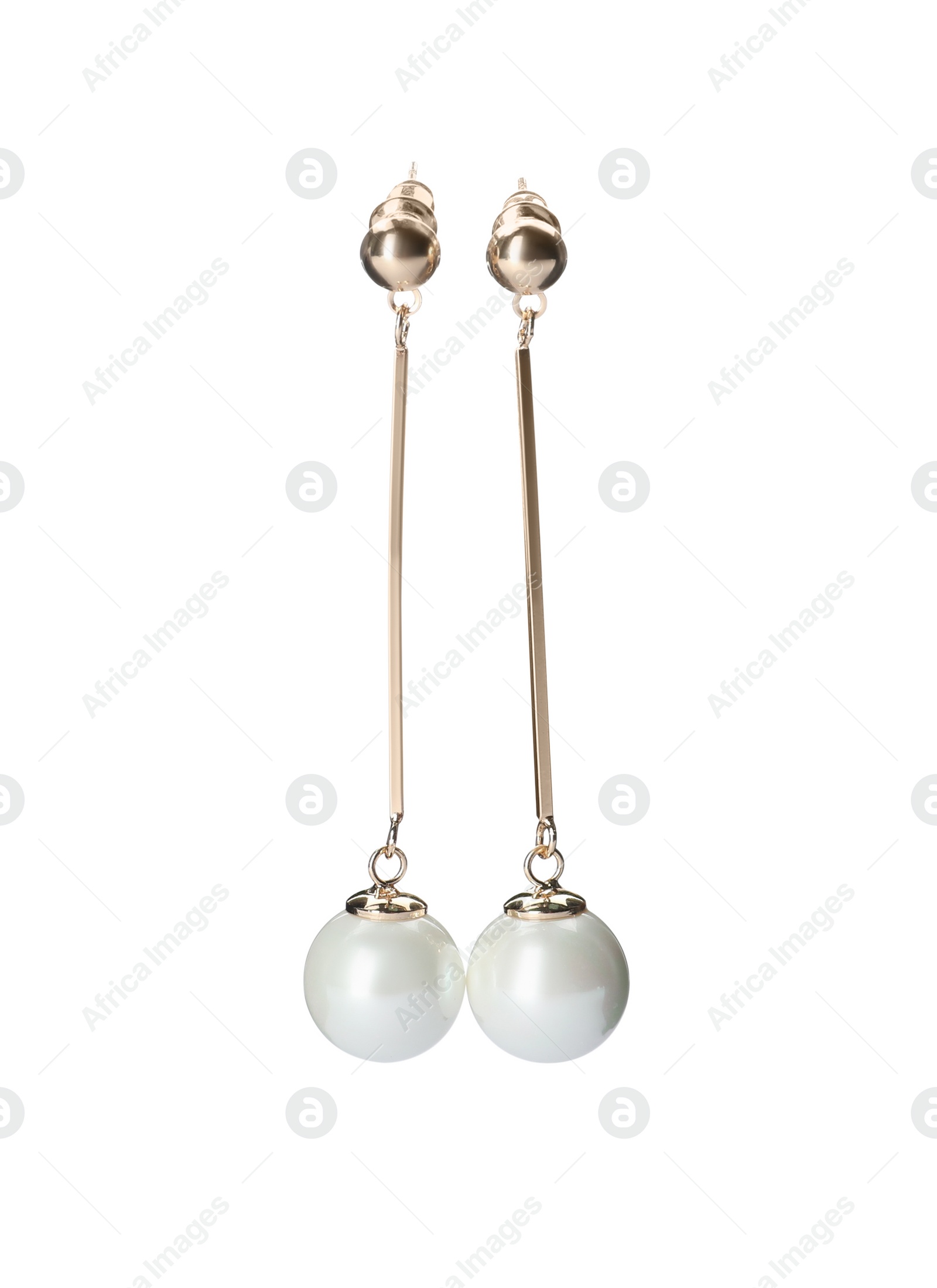 Photo of Elegant golden earrings with pearls on white background