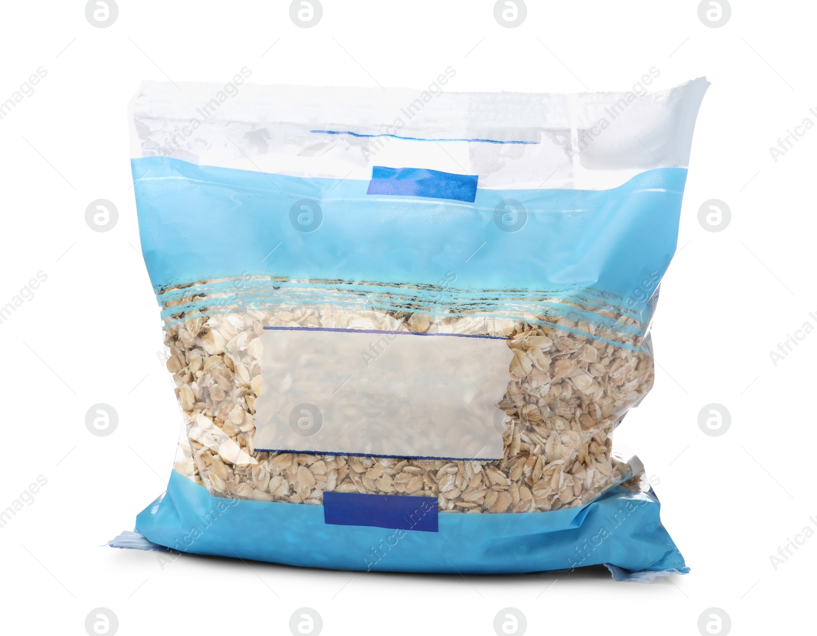 Photo of Raw oatmeal in package isolated on white