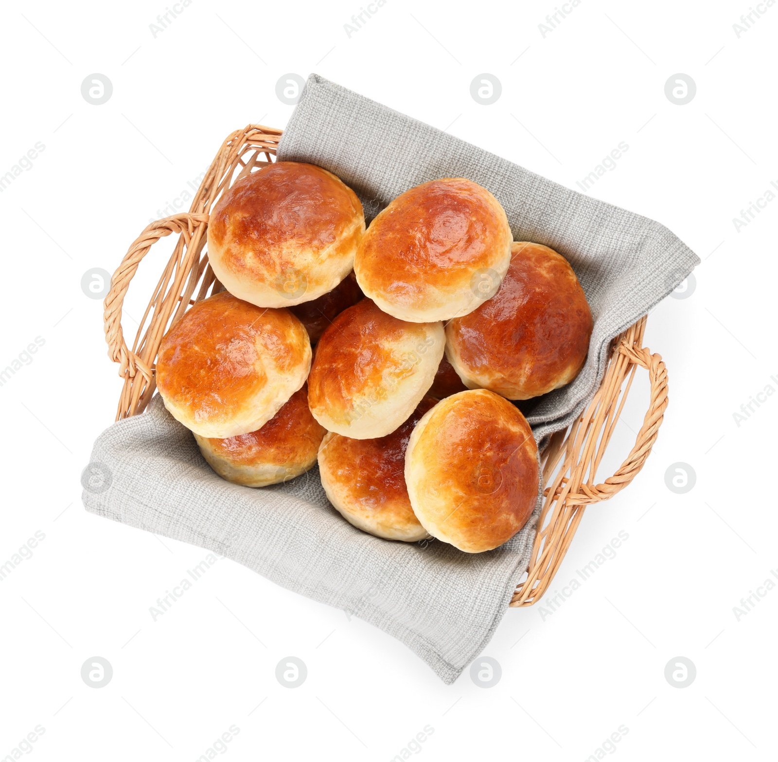 Photo of Tasty scones prepared on soda water isolated on white, top view