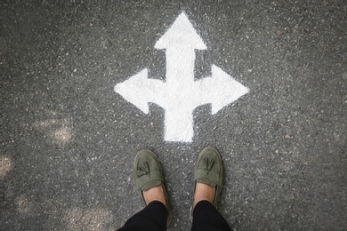 Photo of Woman standing near arrow on asphalt, top view