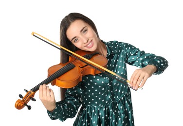 Beautiful woman playing violin on white background