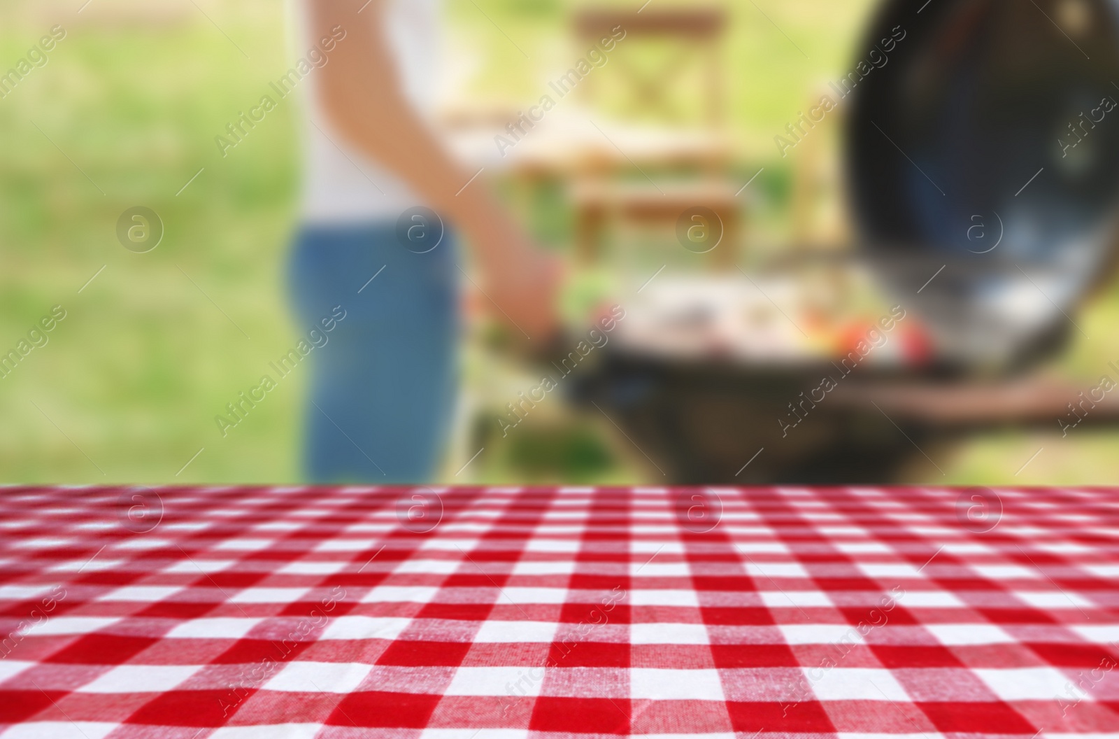 Image of Table with checkered picnic cloth outdoors on sunny day. Space for design