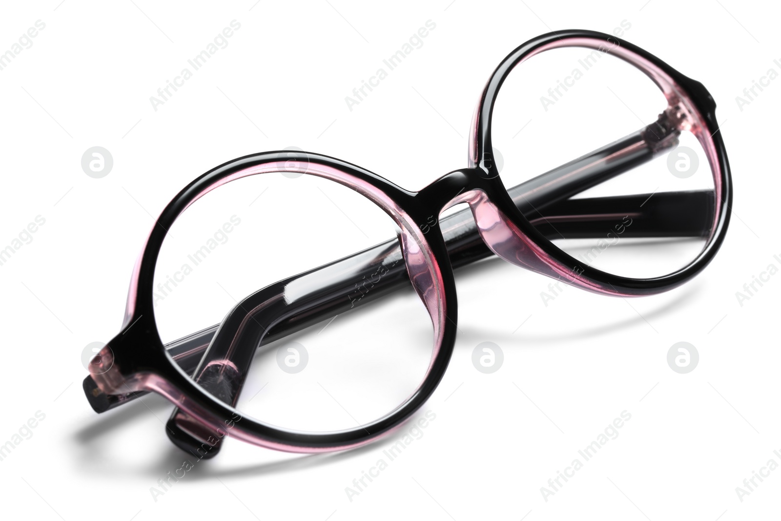 Photo of Stylish glasses with plastic frame isolated on white