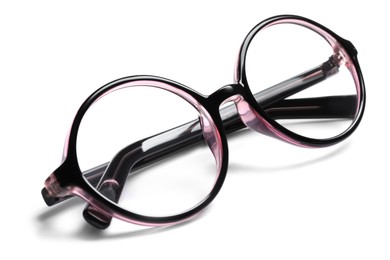 Stylish glasses with plastic frame isolated on white