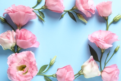 Photo of Flat lay composition with beautiful Eustoma flowers on color background