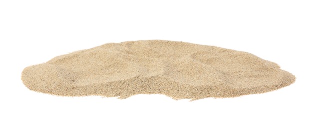 Photo of Beautiful dry beach sand isolated on white