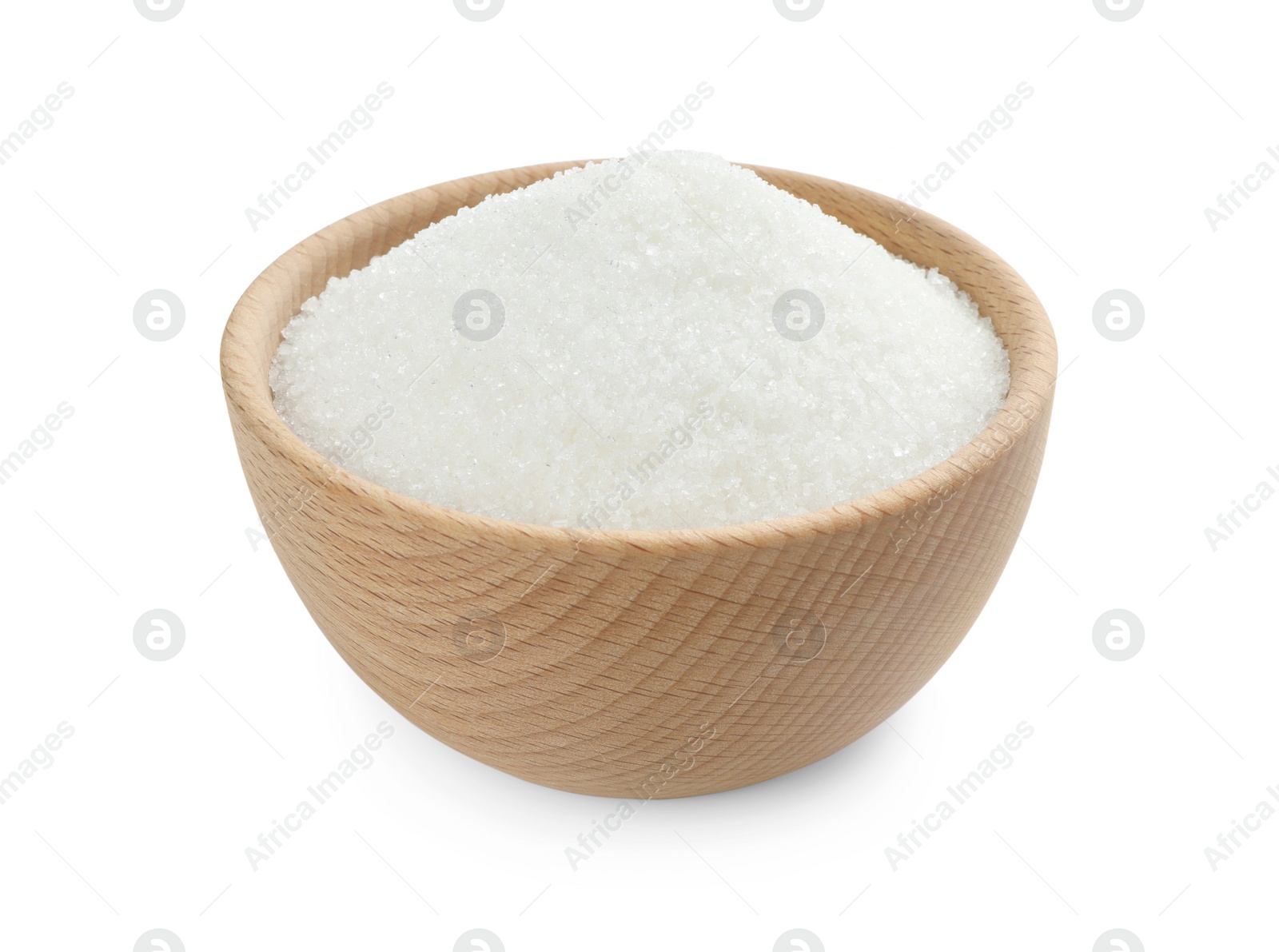 Photo of Granulated sugar in bowl isolated on white