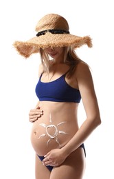 Photo of Pregnant woman with sun protection cream on her belly against white background