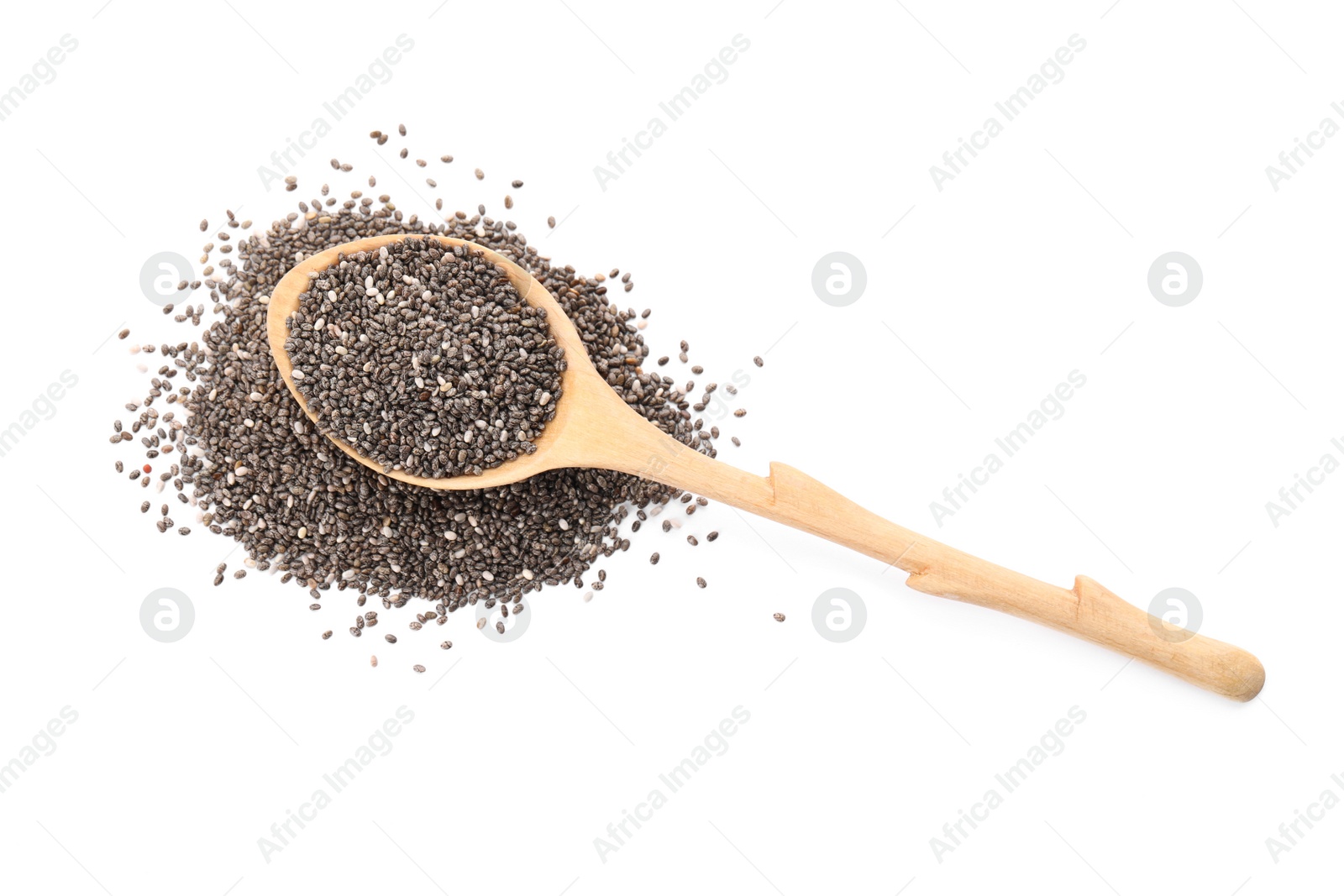 Photo of Wooden spoon with chia seeds on white background, top view