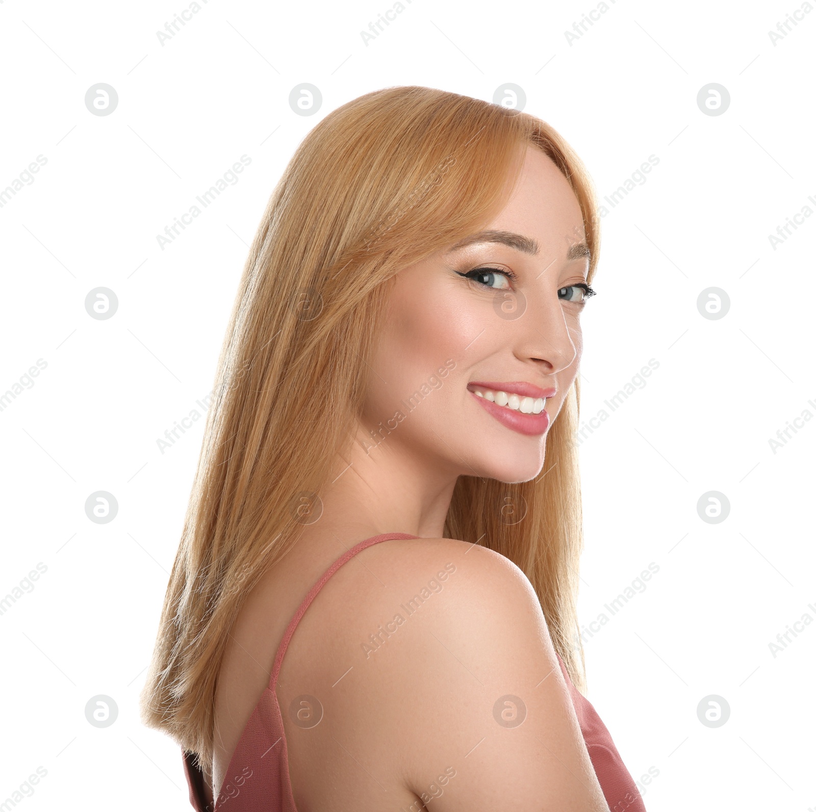 Photo of Portrait of beautiful young woman with blonde hair on white background