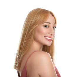 Portrait of beautiful young woman with blonde hair on white background