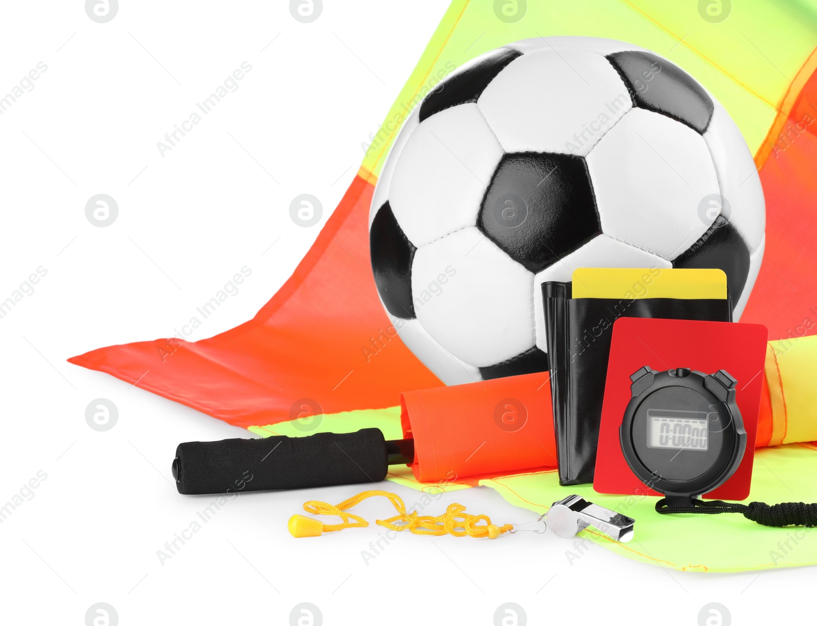 Photo of Football referee equipment. Soccer ball, flags, stopwatch, cards and whistle isolated on white