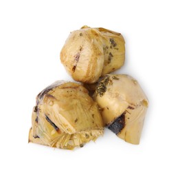 Photo of Delicious pickled artichokes on white background, top view