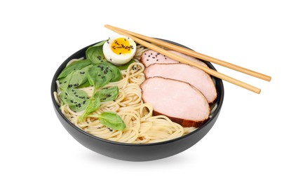 Bowl of delicious ramen with meat isolated on white. Noodle soup